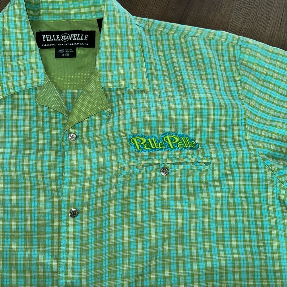 Pelle Pelle Marc Buchanan Mens XL Short Sleeve Button Up Green Embroidered